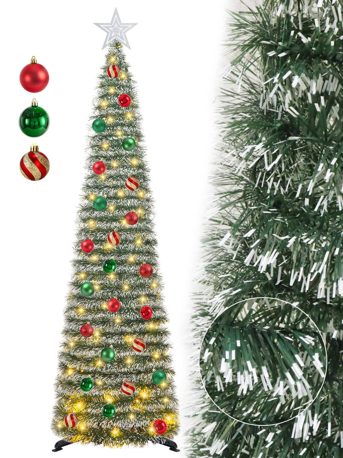 Skar Audio - Pop Up Christmas Tree With 100 Led Timer Lights & Remote Collapsible Tinsel Artificial Pencil - Dark Green - White Edges 5ft