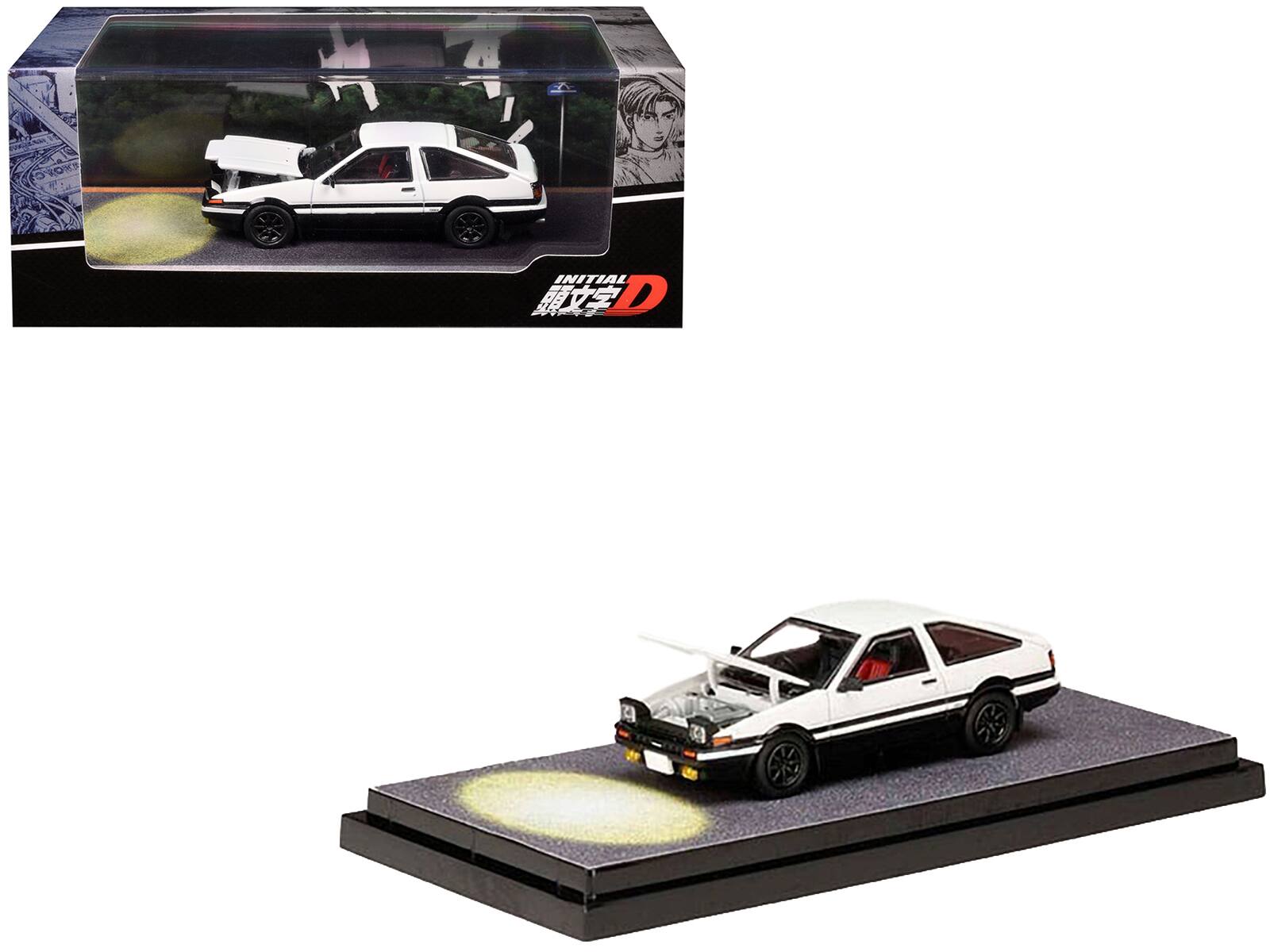 Front. Hobby Japan - Toyota Sprinter Trueno AE86 RHD White Black Engine Mounted Model vs Wataru Akiyama Initial D 1/64 - White, Black.