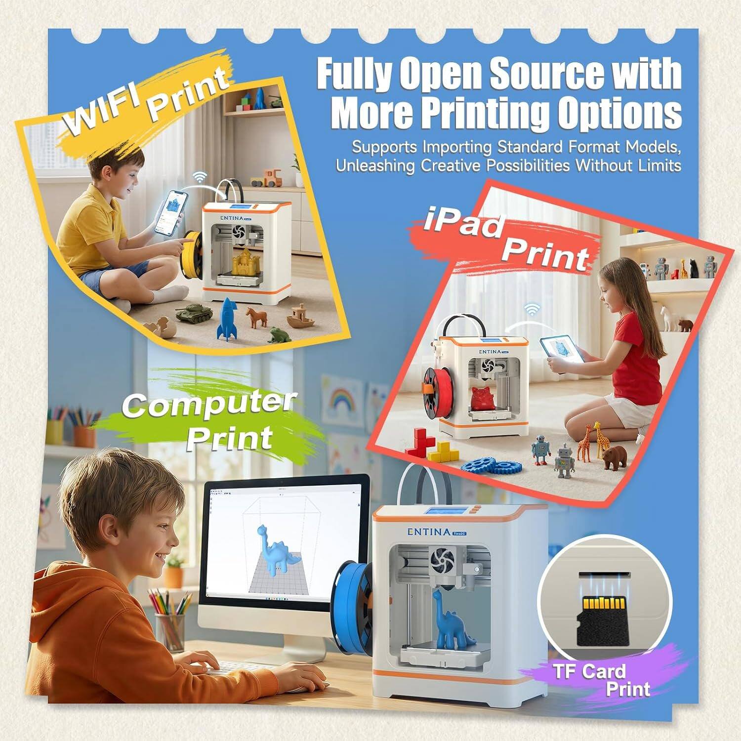 WIFI Print  
iPad Print  
Computer Print  
TF Card Print  

Fully Open Source with More Printing Options  
Supports Importing Standard Format Models,  
Unleashing Creative Possibilities Without Limits