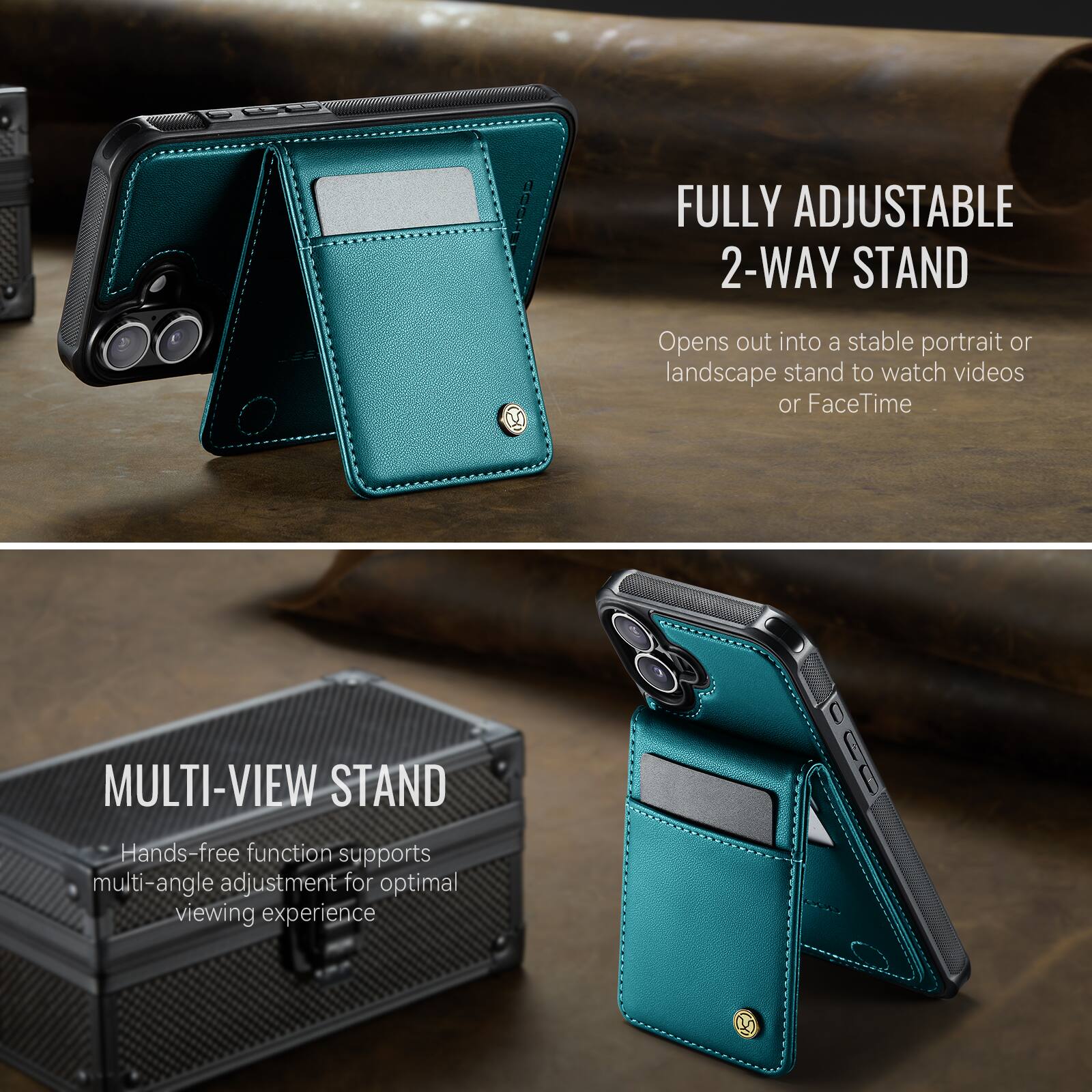 FULLY ADJUSTABLE 2-WAY STAND  
Opens out into a stable portrait or landscape stand to watch videos or FaceTime  

MULTI-VIEW STAND  
Hands-free function supports multi-angle adjustment for optimal viewing experience