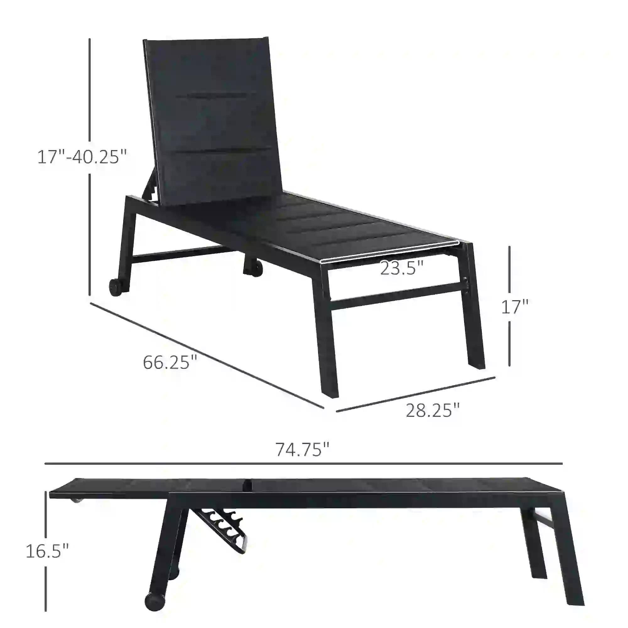 The text on the image is grouped as follows:

- Height: 17"-40.25"
- Width: 23.5"
- Depth: 17"
- Seat height: 66.25"
- Length: 74.75"
- Leg height: 28.25"
- Table height: 16.5"