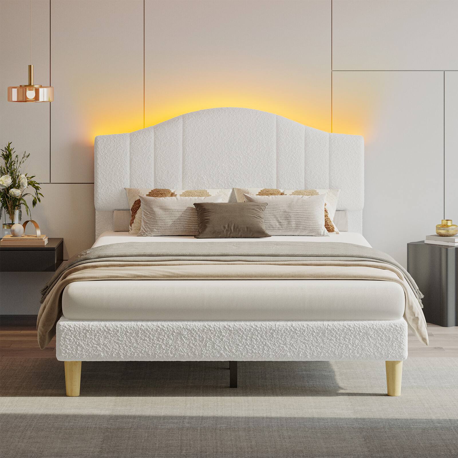 Left. Pinmoco - Pinmoco - Upholstered Platform Bed Frame with Adjustable LED Arc Headboard - Fabric White.