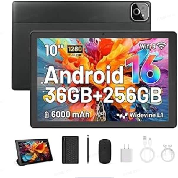 URAO - Android 16 Tablet 10.1'' 36GB(6+30) RAM 256GB ROM Widevine L1 WiFi 5/8MP Camera - Black