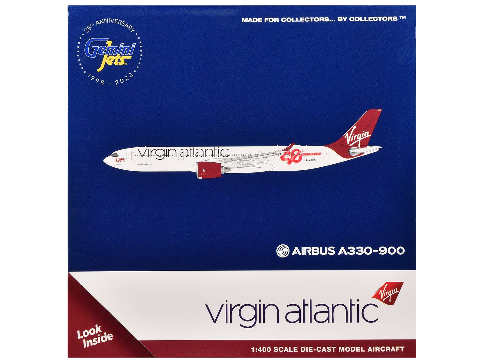 25th Anniversary  
Gemini Jets  
1998 - 2023  

MADE FOR COLLECTORS... BY COLLECTORS™  

Virgin Atlantic  
AIRBUS A330-900  

Look Inside  

virgin atlantic  
1:400 SCALE DIE-CAST MODEL AIRCRAFT
