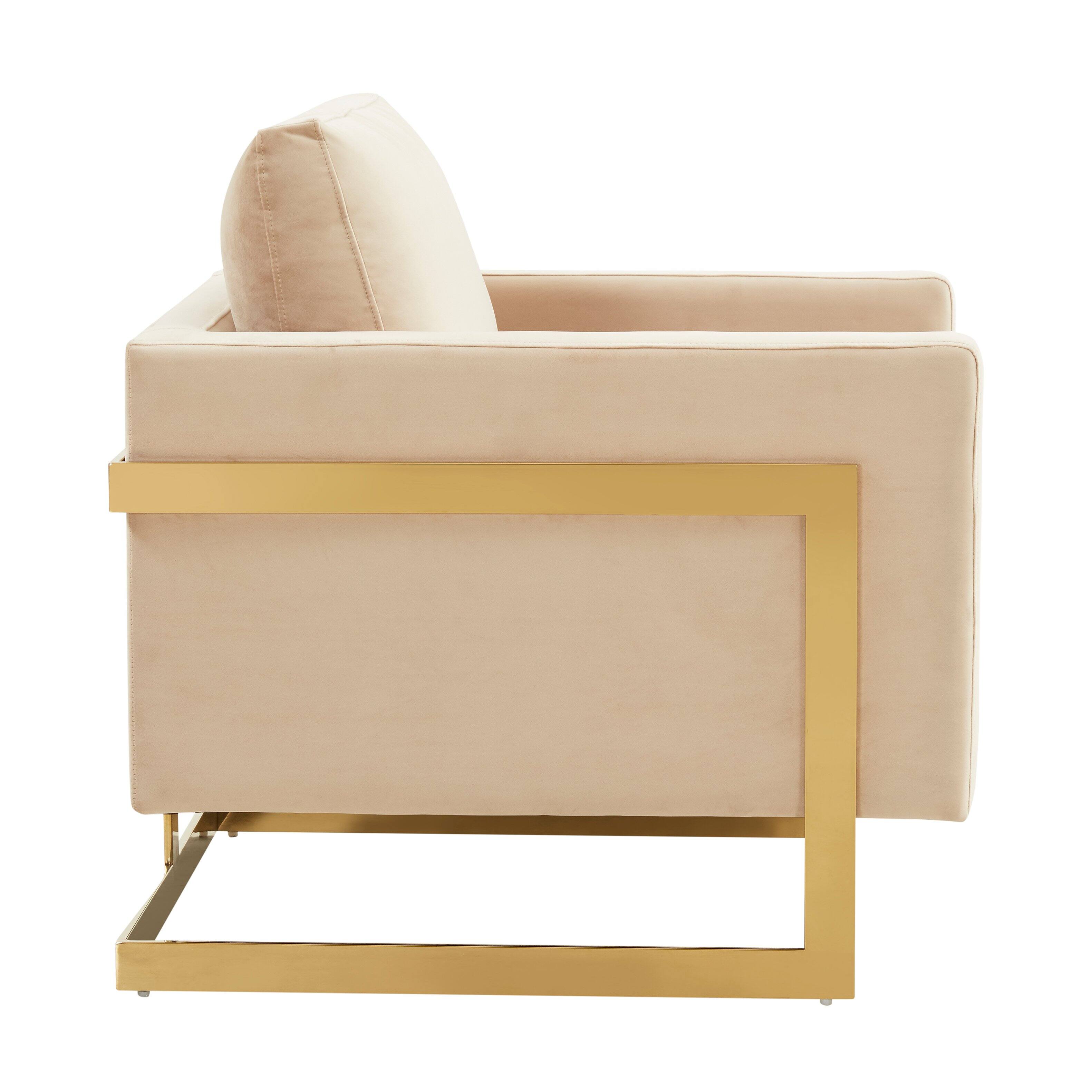 Alt View 3. LeisureMod - Lincold Modern Velvet Accent Chair, Gold Stainless Steel Sled Base Upholstered Armchair - Fully Assembled - Beige.