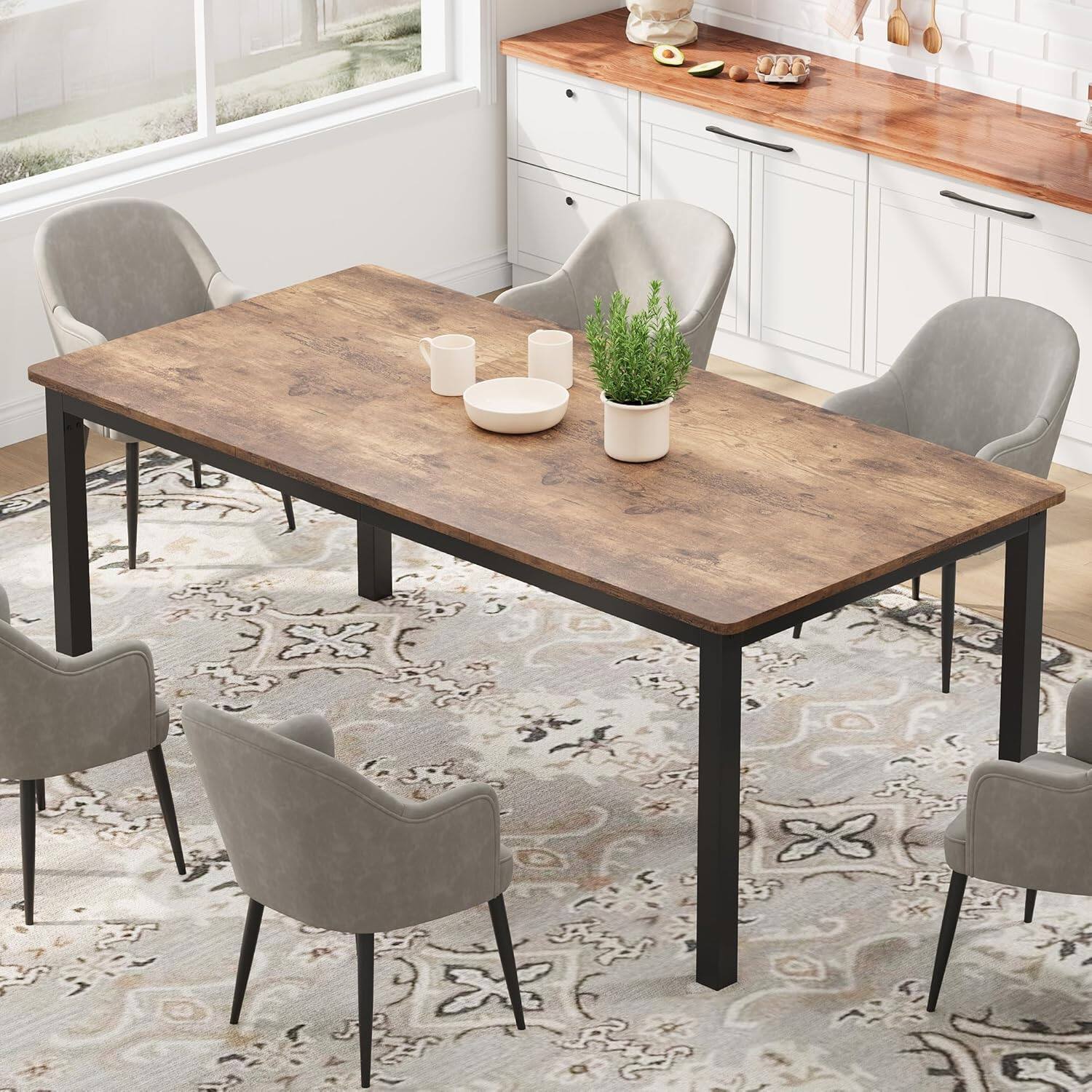 Front. Jojoka - Kitchen Table 71 Inch Industrial Dining Table Large Rectangle Kitchen Table for Dining Room, Home Office, Living Room - Multiple colors.