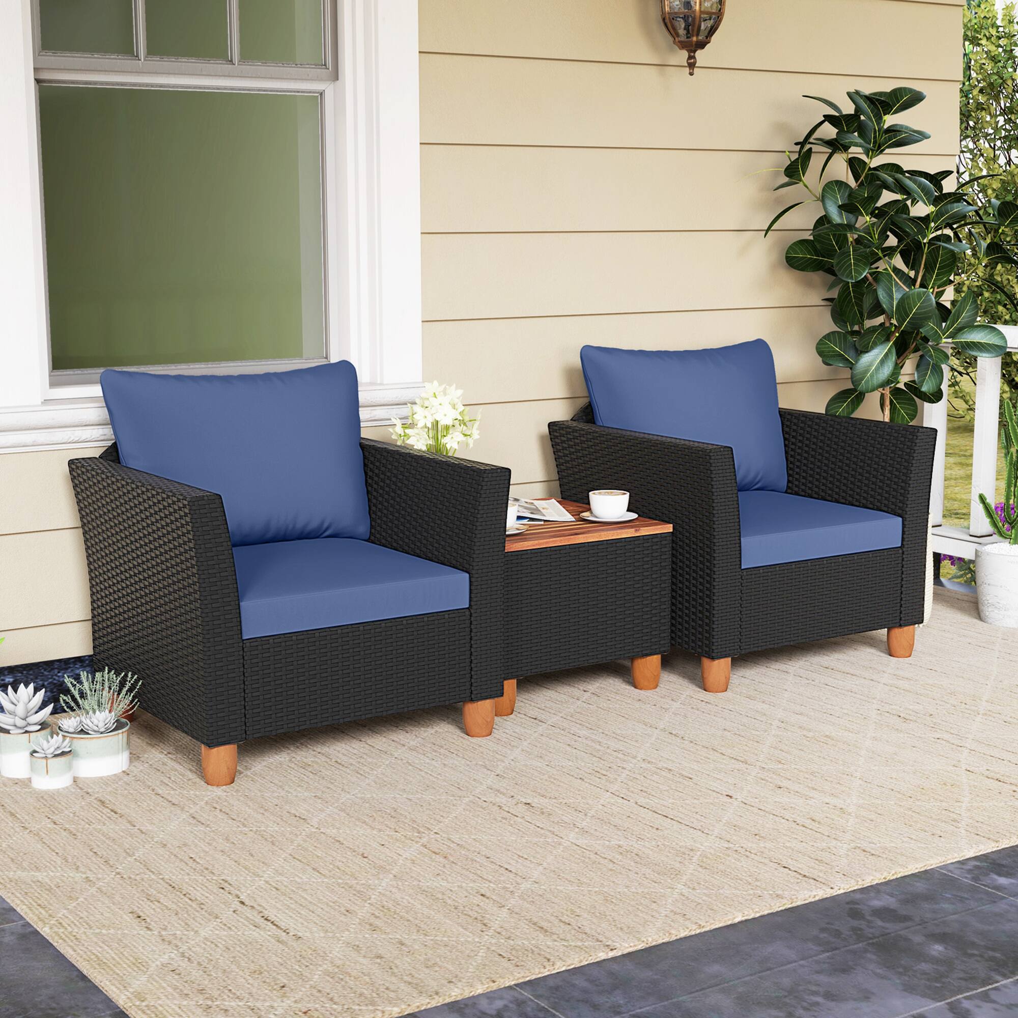 Alt View 2. Costway - Costway 3PCS Patio Rattan Furniture Set Cushioned Sofa Storage Table Wood Top - Navy.