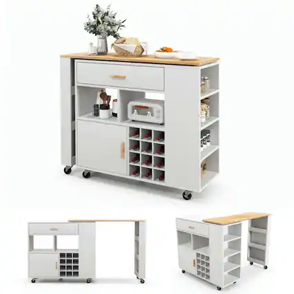 Front. Kadyn - Reversible Folding Kitchen Island Cart with Wine Rack and Spice Rack, Kitchen Island, Island Table for Kitchen - White.