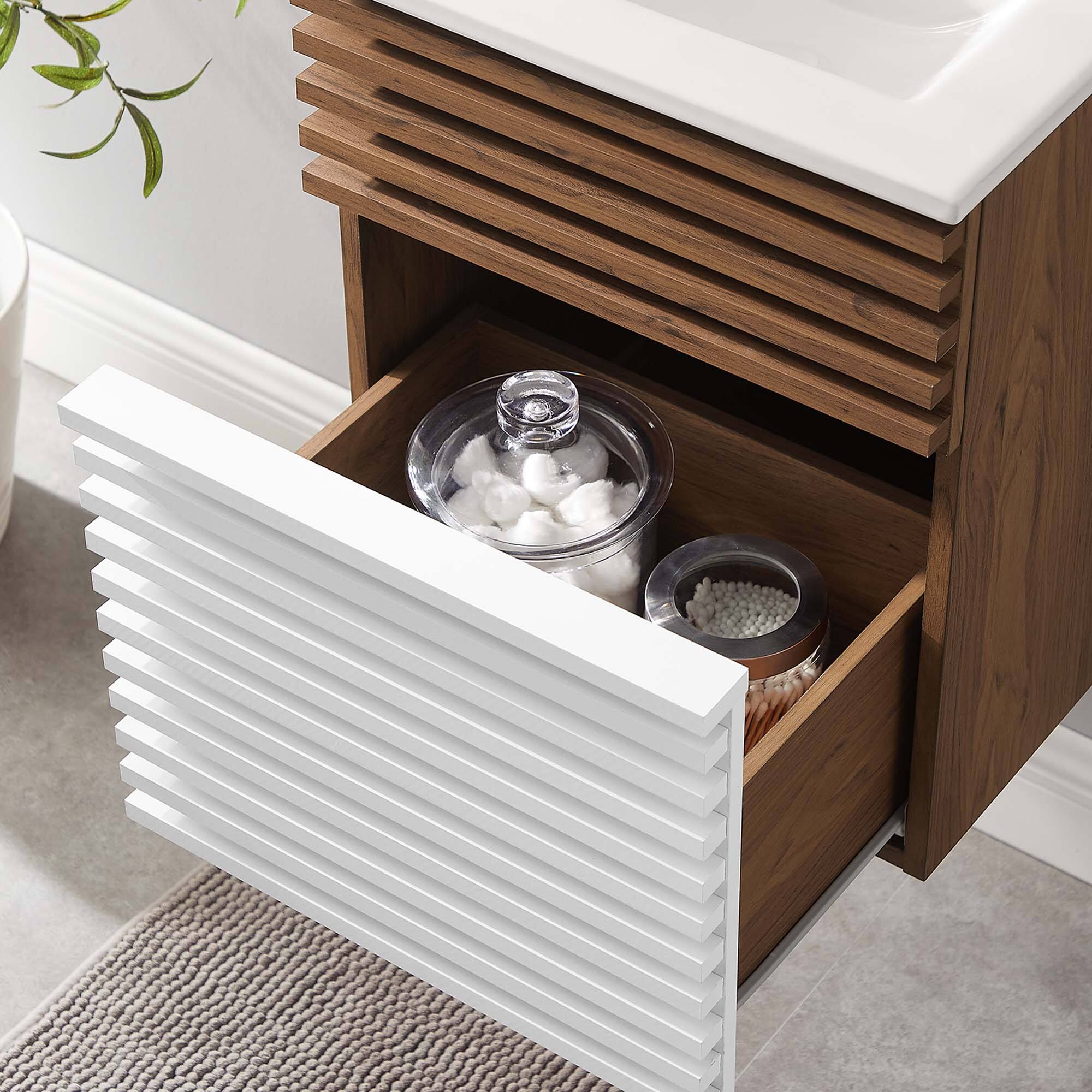 Alt View 5. Modway - Render Wall-Mount Bathroom Vanity with White Basin Included - White Walnut White.