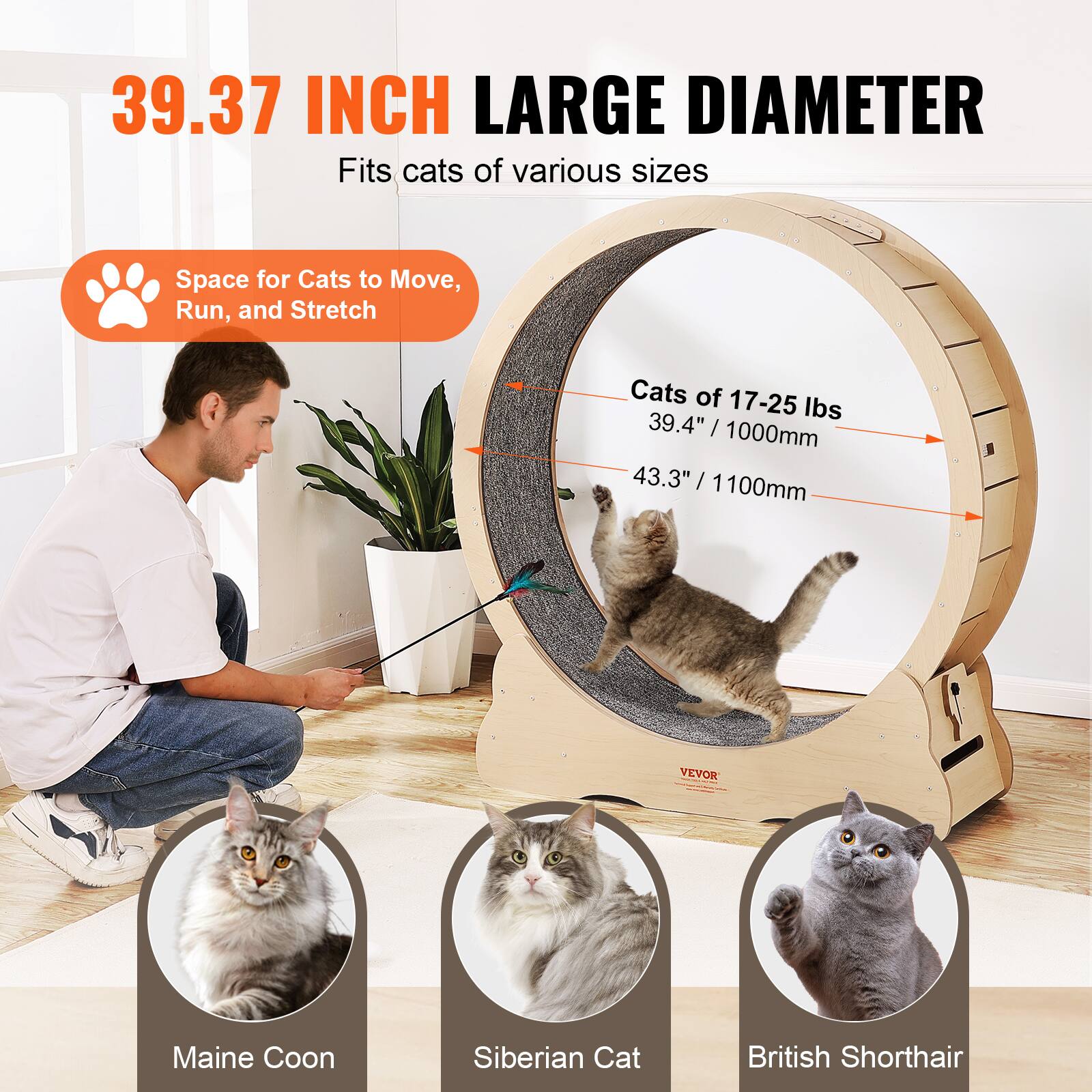 39.37 INCH LARGE DIAMETER  
Fits cats of various sizes  

Space for Cats to Move, Run, and Stretch  

Cats of 17-25 lbs  
39.4" / 1000mm  
43.3" / 1100mm  

Maine Coon  
Siberian Cat  
British Shorthair