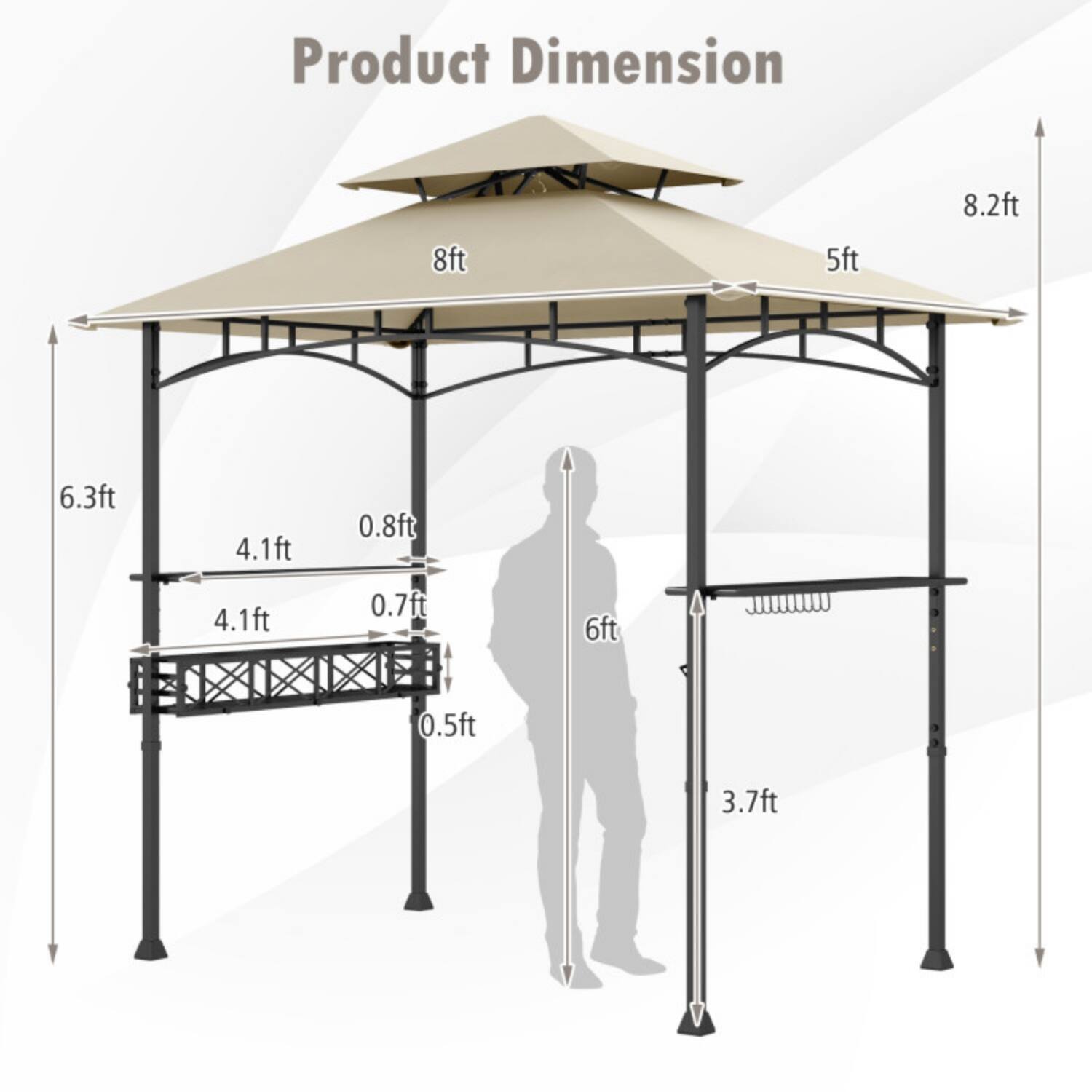 Product Dimension: 8ft, 5ft, 8.2ft, 6.3ft, 4.1ft, 0.8ft, 4.1ft, 0.7ft, 6ft, 0.5ft, 3.7ft