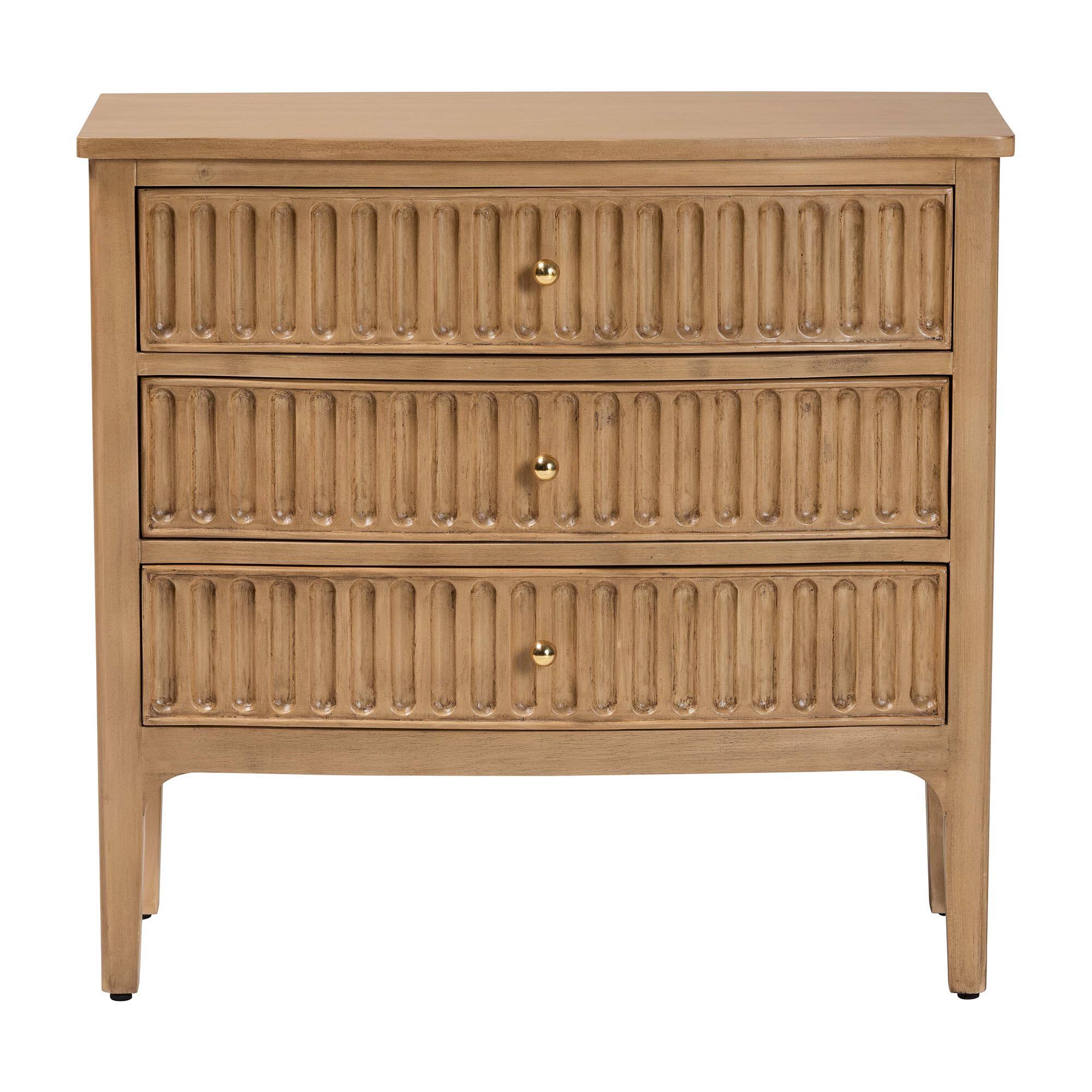 Left. bali & pari - bali & pari Lavi Fluted Wood Chest - 3-Drawer Storage Chest with Textured Drawer Fronts and Round Knobs for Bedroom - Antique Beige.