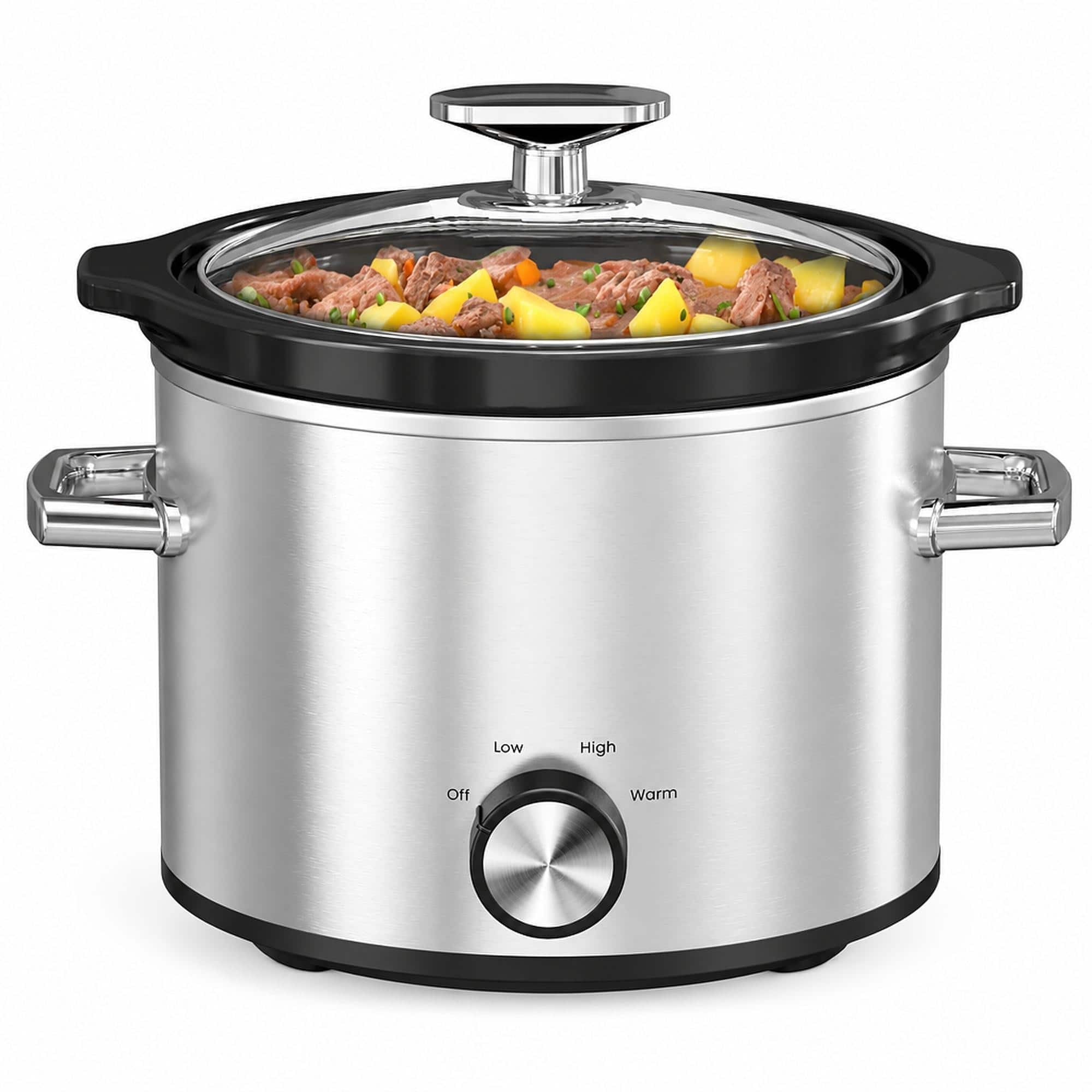 RYHNUYNE - 2 Qt Small Slow Cooker, 3 Adjustable Temp Settings, Ceramic Pot, Glass Lid, Stainless Steel - Silver