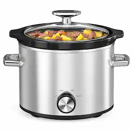 RYHNUYNE - 2 Qt Small Slow Cooker, 3 Adjustable Temp Settings, Ceramic Pot, Glass Lid, Stainless Steel - Silver