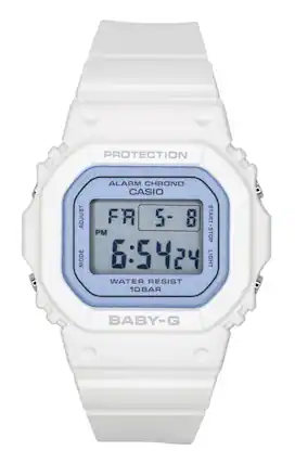PROTECTION
ALARM CHRONO CASIO
ADJUST FR 5-8
START STOP MODE
6:5424
LIGHT
WATER RESIST 10BAR
BABY-G
