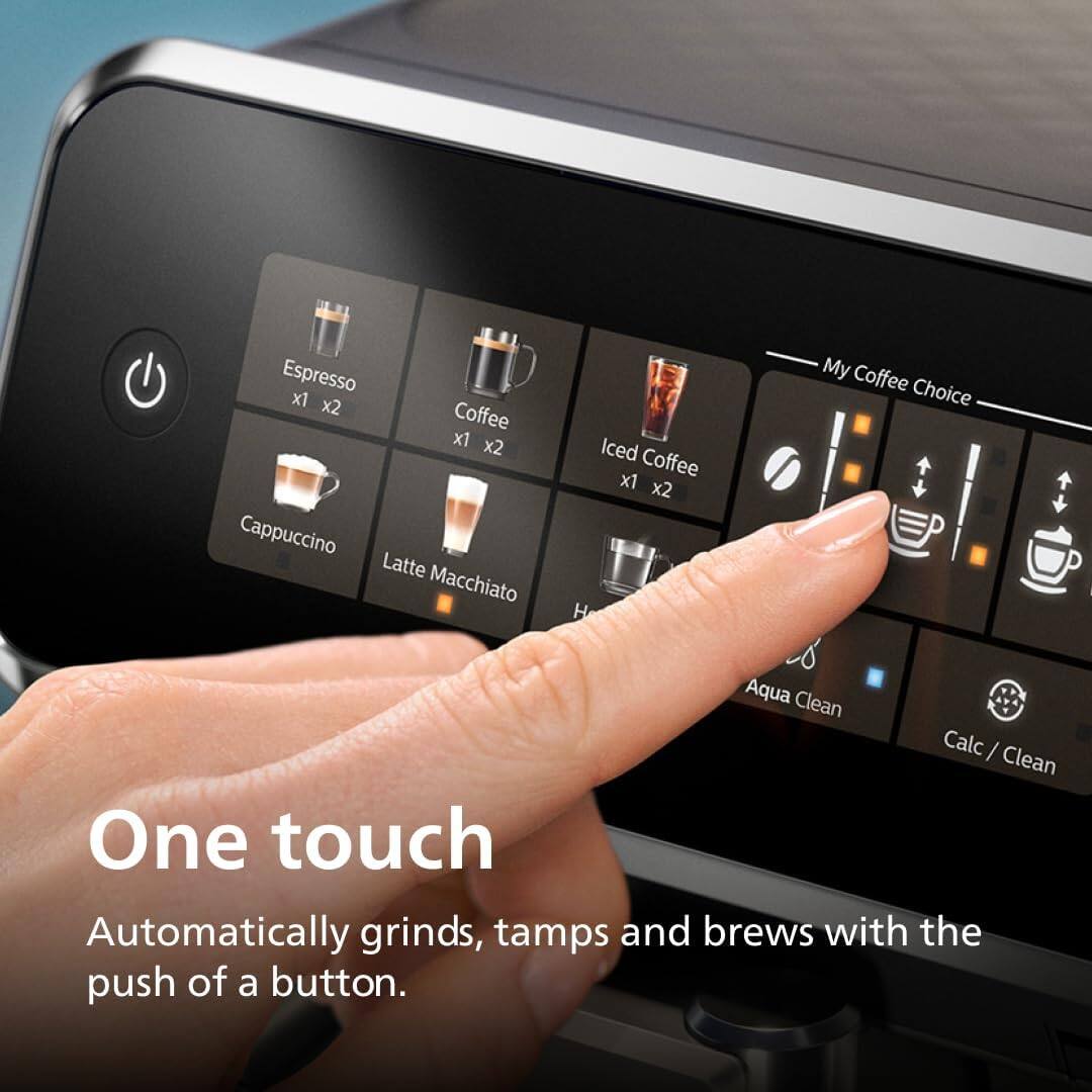 Espresso x1 x2  
Coffee x1 x2  
Cappuccino  
Latte Macchiato  
Iced Coffee x1 x2  

My Coffee Choice  

Aqua Clean  
Calc / Clean  

One touch  
Automatically grinds, tamps and brews with the push of a button.