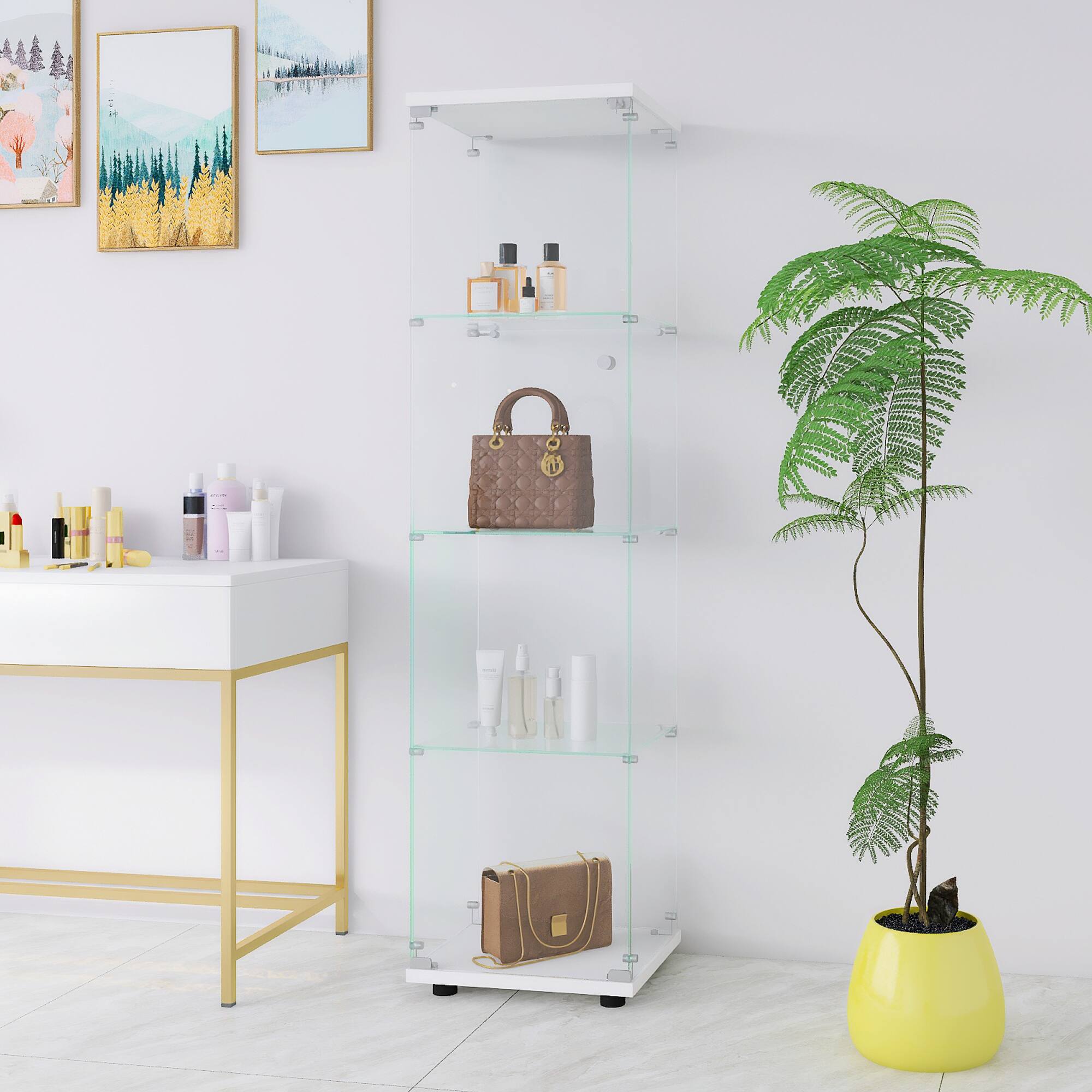 Alt View 4. GOODSILO - Glass Display Cabinet with 4 Shelves & Door - Floor Standing Curio Bookshelf for Living Room, Bedroom, Office - White.