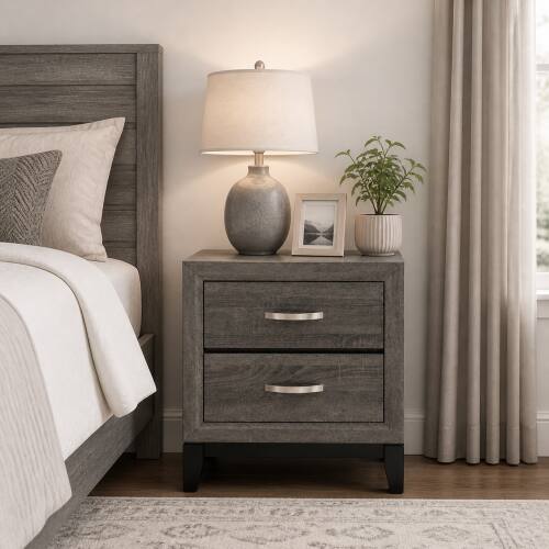 Front. LUCKY ONE - 24" Assembled 2-Drawer Nightstand Solid Wood Frame Wood Grain - Brown Gray.