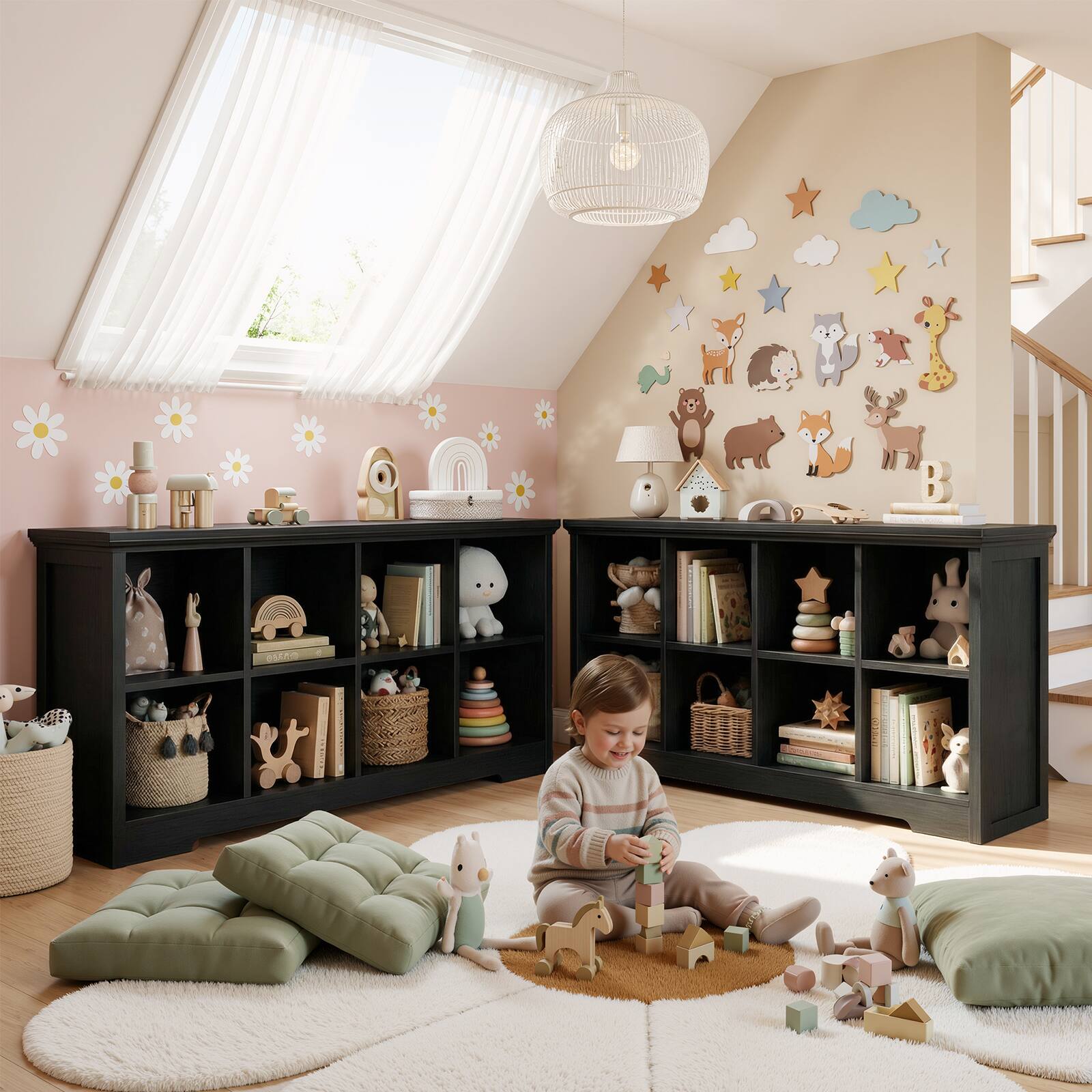 Alt View 2. Aheaplus - 8 Cube Organizer with Charging Station, 50'' Width Cube Bookcase with Open Shelves - Black.