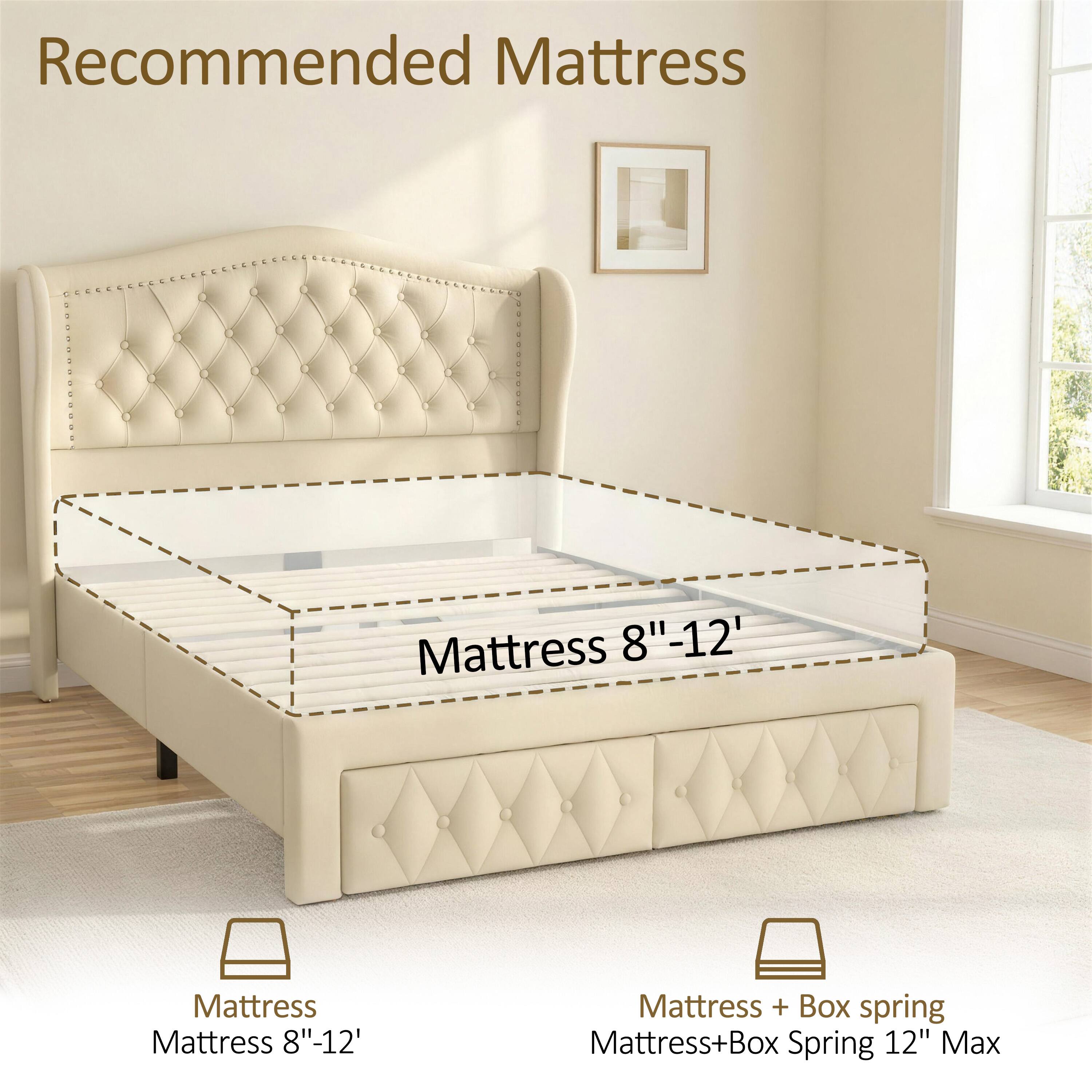 Recommended Mattress

- Mattress 8"-12"
- Mattress + Box spring 12" Max