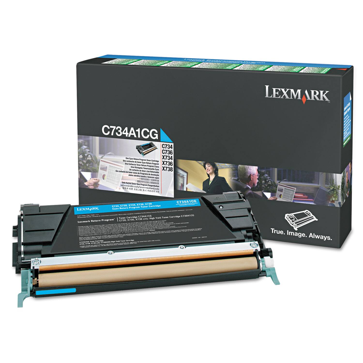 LEXMARK C734A1CG  
C734 C736 X734 X736 X738  

True. Image. Always.  

Lexmark Return Program  
Toner Cartridges C734A1CG  
Toner Cartridges C734 C736 X734 X736 X738  

EFML BIU  
Cr. Sere Tonar Bactriman  
edd Ruture Progrem  
LOOMARK EFSIAIS  
Cogogs EFRTIS  
nothio_t sh Tul  
Program S ra anty  
Lesmerk Rature CrI