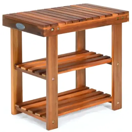 Front. Costway - 3-Tier Wood Shoe Rack 19' Shoe Bench Freestanding Boots Organizer Heavy-duty - Teak.