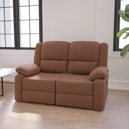Front. Emma + Oliver - Bustle Back Loveseat with Two Built-In Recliners - Chocolate Brown Microfiber.