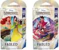 The image shows two packages of a Disney trading card game called "Lorcana." Each package includes a single-player deck and a bonus Lorcana booster pack. The packages are designed to look like books, with the title "Fabled" written on them. The game is intended for single-player use and is a fun way to engage with the Disney characters and stories.