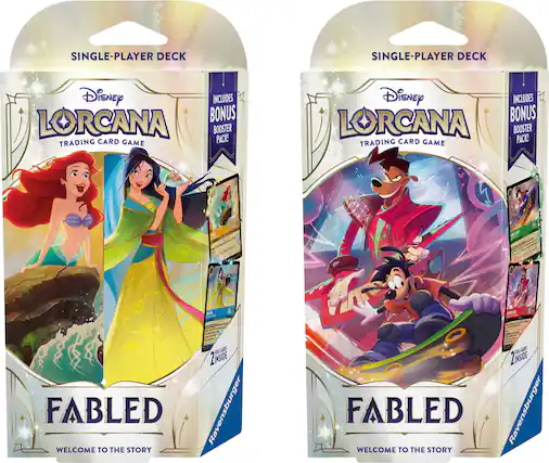 The image shows two packages of a Disney trading card game called "Lorcana." Each package includes a single-player deck and a bonus Lorcana booster pack. The packages are designed to look like books, with the title "Fabled" written on them. The game is intended for single-player use and is a fun way to engage with the Disney characters and stories.