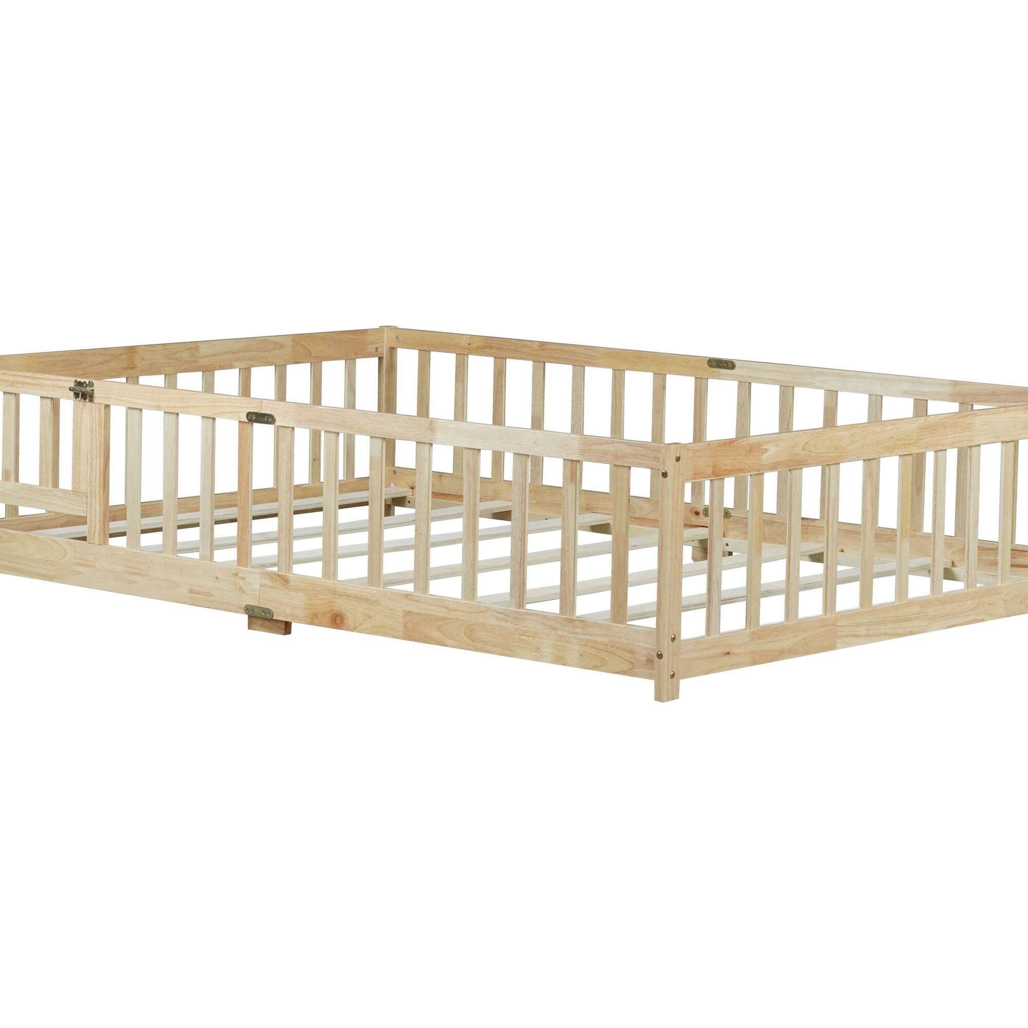 Alt View 8. GOODSILO - Full Size Floor Bed with Safety Fence and Revolving Door for Children, Sturdy Rubber Wood Construction - Natural.