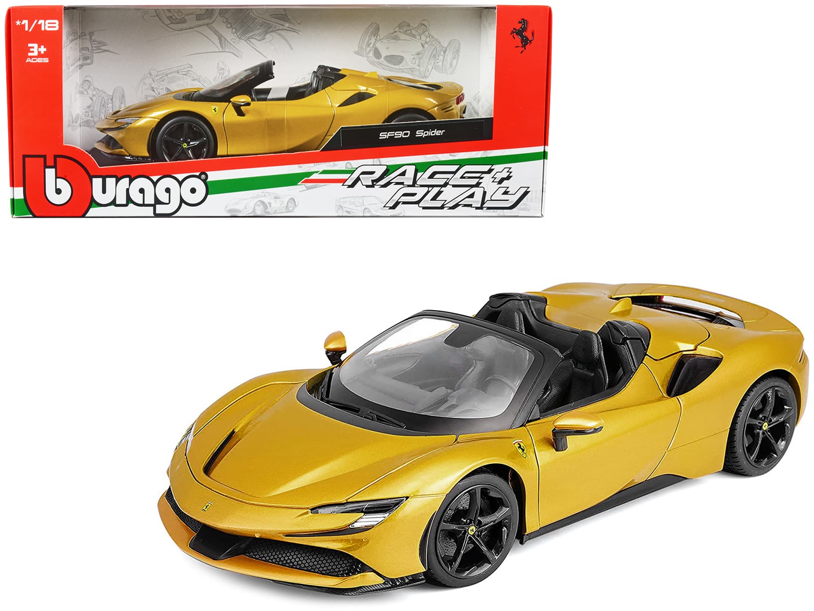 "Ferrari SF90 Spider Gold Metallic ""Race + Play"" Series 1/18 Diecast Model Car by Bburago" price history on PriceWatchPro