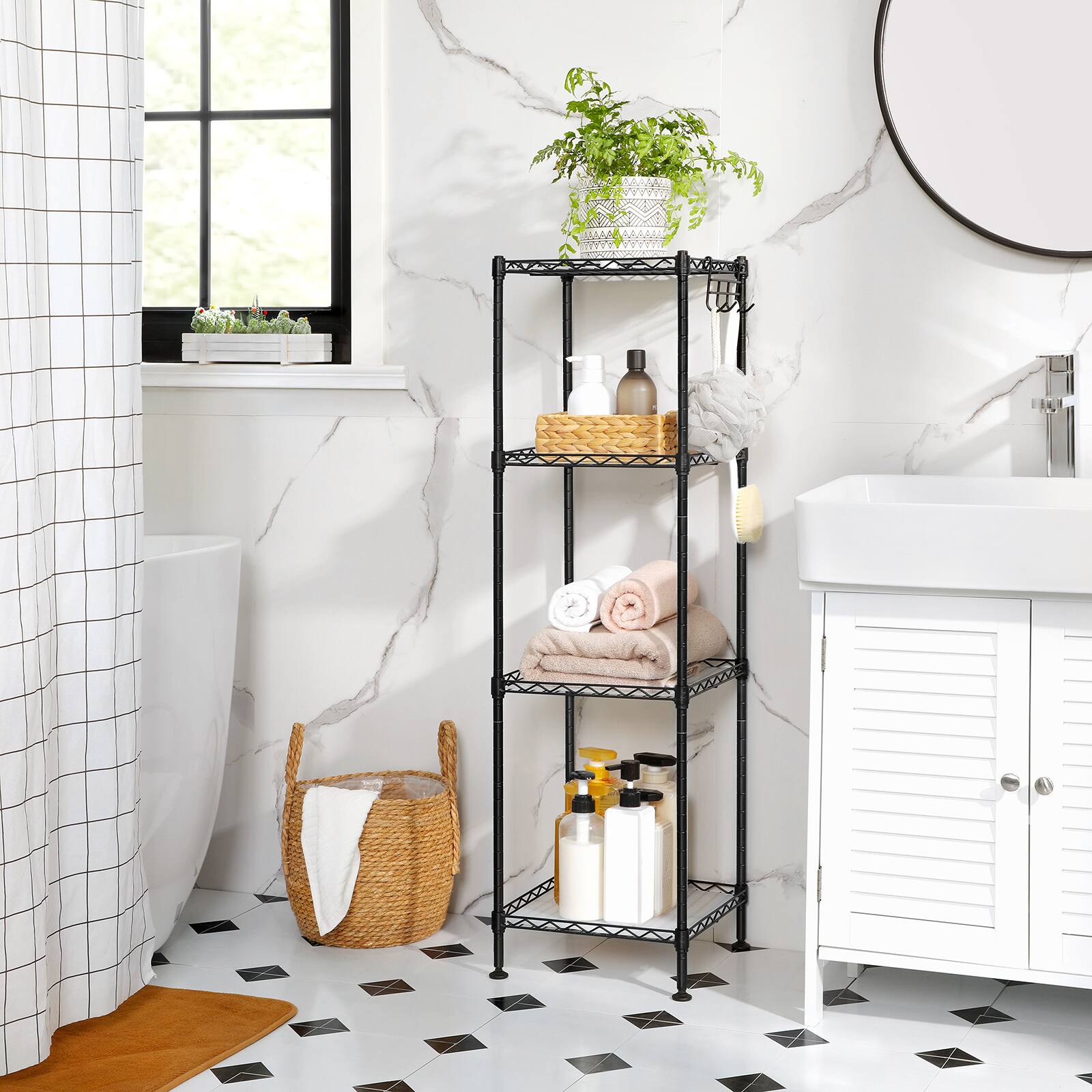 Back. Songmics Home - 4-Tier Bathroom Shelf, Storage Rack for Small Space, with 4 PP Shelf Liners, Removable Hook, Extendable Design - Ink Black and Translucent.