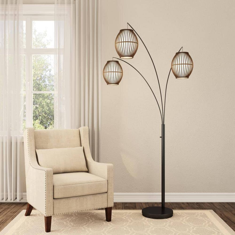 Angle. Hivvago - Modern Mid-Century Bohemian 82-inch Arch Floor Lamp with 3 Barrel Lights - Antique-Bronze Metal Finish.