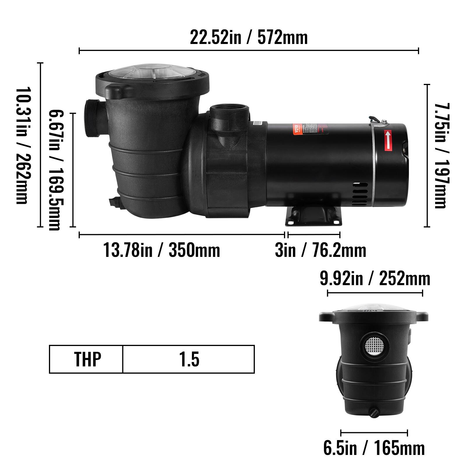10.31in / 262mm  
6.67in / 169.5mm  
22.52in / 572mm  
7.75in / 197mm  
13.78in / 350mm  
3in / 76.2mm  
9.92in / 252mm  
THP 1.5  
6.5in / 165mm