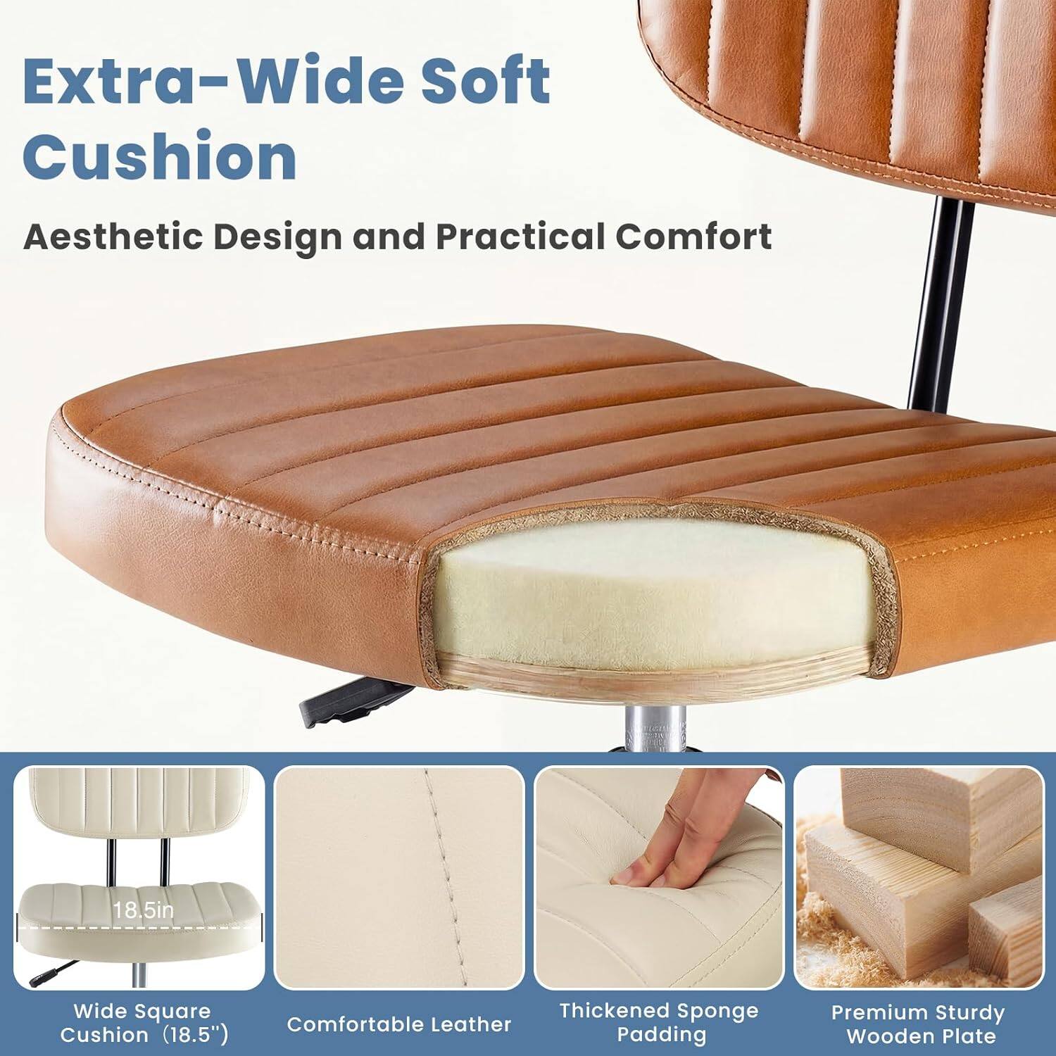 Extra-Wide Soft Cushion  
Aesthetic Design and Practical Comfort  

18.5in Wide Square Thickened Sponge  
Comfortable Leather Cushion (18.5")  
Padding Premium Sturdy Wooden Plate