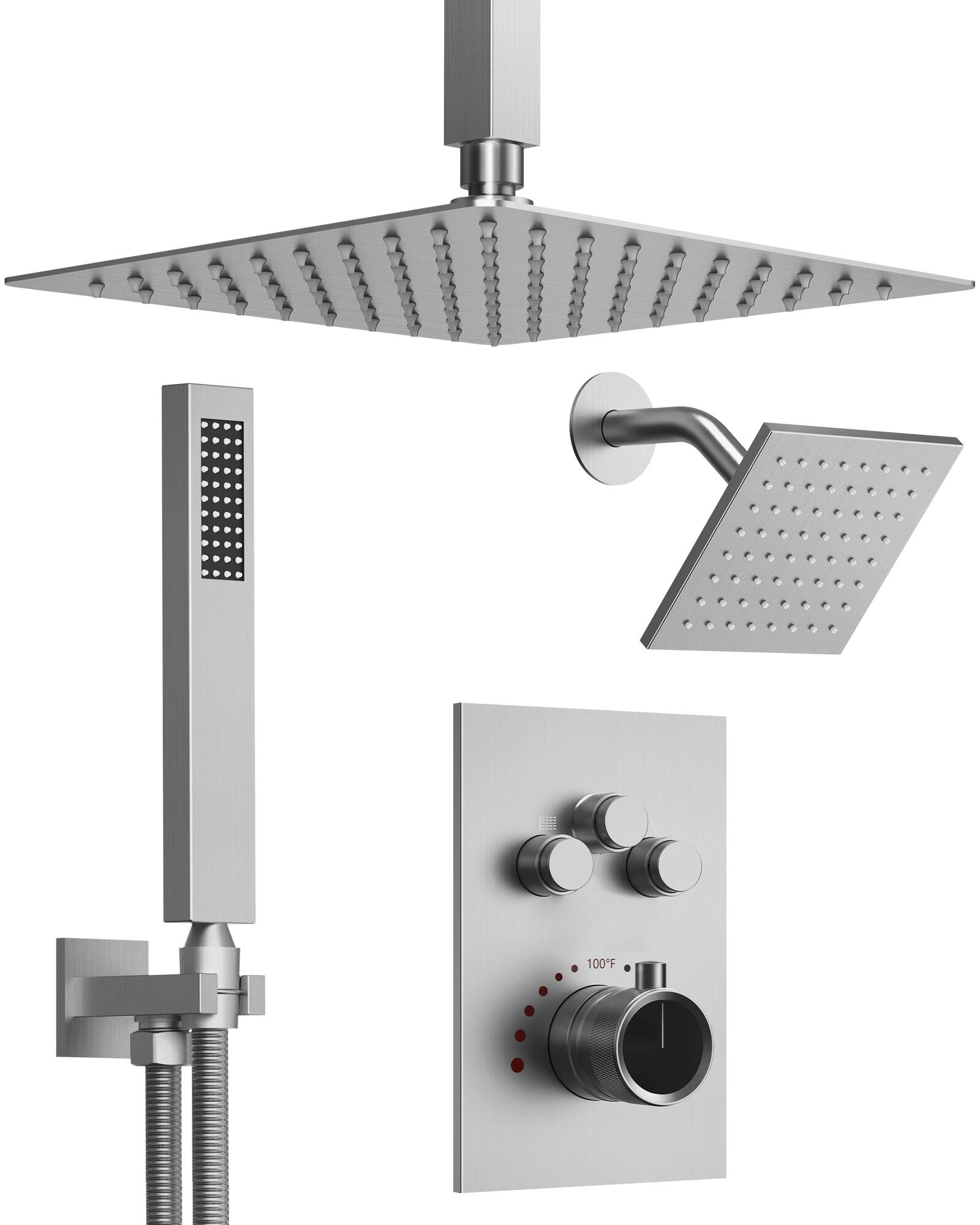 Front. GRANDJOY - 12" Ceiling and 6" Wall Mount Rainfall Shower System with Handheld Sprayer for Modern Bathroom - Brushed Nickel.
