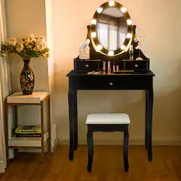 Costway - Bedroom Vanity Set Makeup Dressing Table w/3 Drawers 10 LED Bulb - Black