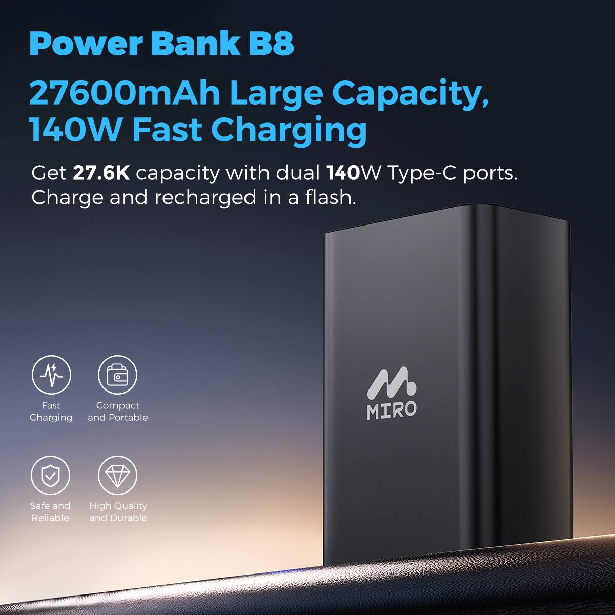 Miro B8 Power Bank 27600mAh Massive Capacity 140W Super Fast Charging ...