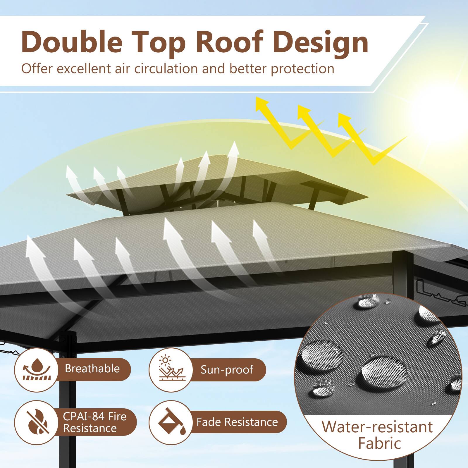 Double Top Roof Design  
Offer excellent air circulation and better protection  

- Breathable  
- Sun-proof  
- CPAI-84 Fire Resistance  
- Fade Resistance  
- Water-resistant Fabric