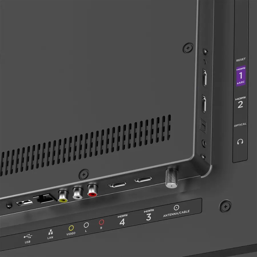 The text on the image reads:

+ RESET MODE 1 eARC HOMI 2 OPTICAL + USB LAN VIDEO L R HOMI 4 HOMI 3 ANTENNA/CABLE +

The corrected text would be:

+ RESET MODE 1 eARC HOMI 2 OPTICAL + USB LAN VIDEO L R HOMI 4 HOMI 3 ANTENNA/CABLE +