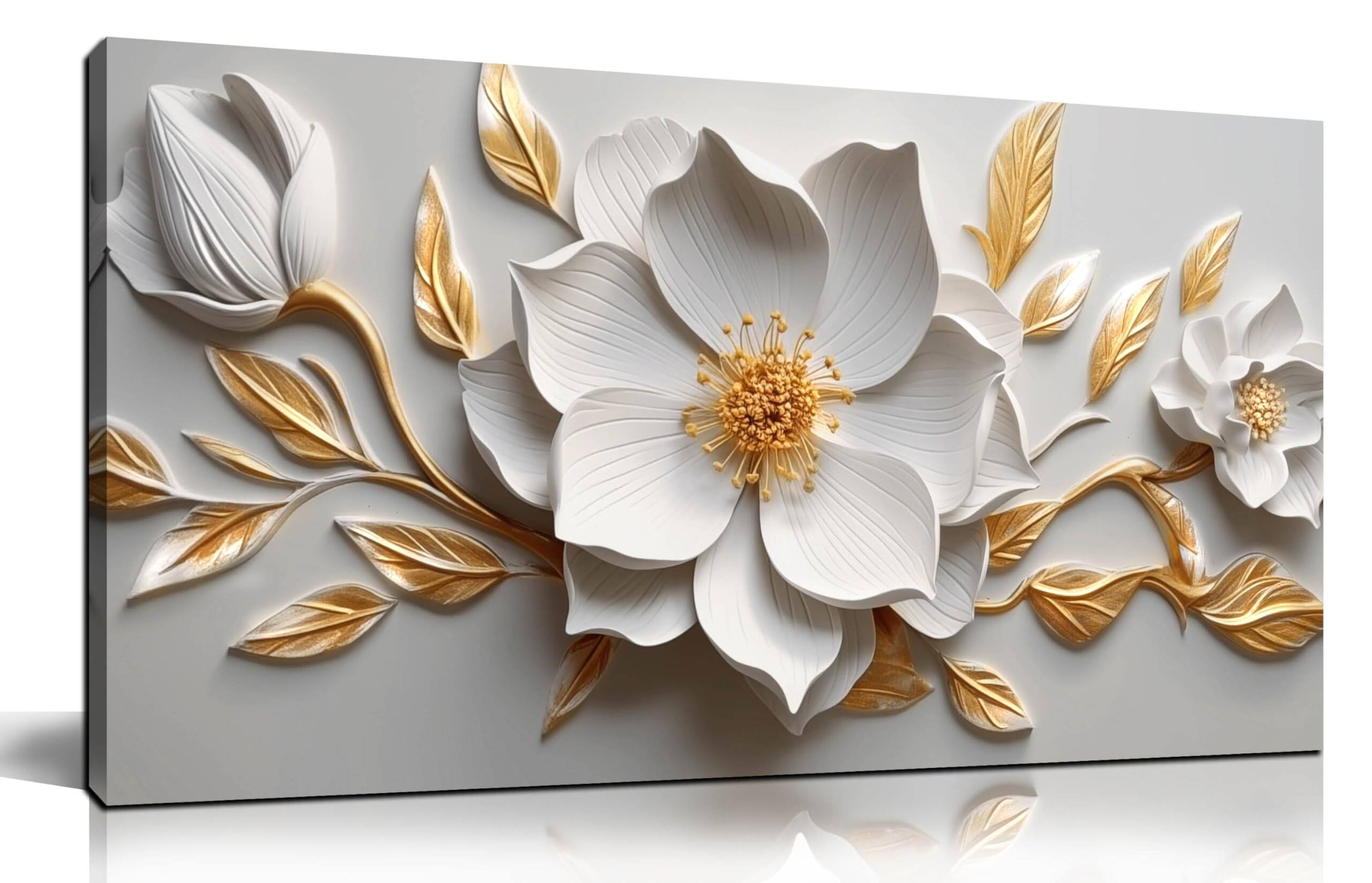Front. Hirose Alice - Canvas Wall Art for Living Room Bedroom Office and Gold Flower Artwork Large Botanical Floral Wall Art Framed - white 20"L x 40"W.