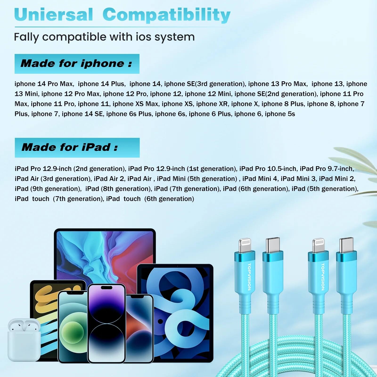 Universal Compatibility

Fully compatible with iOS system

Made for iPhone:
- iPhone 14 Pro Max
- iPhone 14 Plus
- iPhone 14
- iPhone SE (3rd generation)
- iPhone 13 Pro Max
- iPhone 13
- iPhone 13 Mini
- iPhone 12 Pro Max
- iPhone 12 Pro
- iPhone 12
- iPhone 12 Mini
- iPhone SE (2nd generation)
- iPhone 11 Pro Max
- iPhone 11 Pro
- iPhone 11
- iPhone XS Max
- iPhone XS
- iPhone XR
- iPhone X
- iPhone 8 Plus
- iPhone 8
- iPhone 7 Plus
- iPhone 7
- iPhone 14 SE
- iPhone 6s Plus
- iPhone 6s
- iPhone 6 Plus
- iPhone 6
- iPhone 5s

Made for iPad:
- iPad Pro 12.9-inch (2nd generation)
- iPad Pro 12.9-inch (1st generation)
- iPad Pro 10.5-inch
- iPad Pro 9.7-inch
- iPad Air (3rd generation)
-