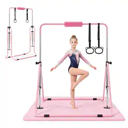 VEVOR - Gymnastic Bars for Kids, 140 lbs Capacity Folding Training Kip Bar with Mat, Adjustable Height Gymnastic Horizontal Bar - Pink