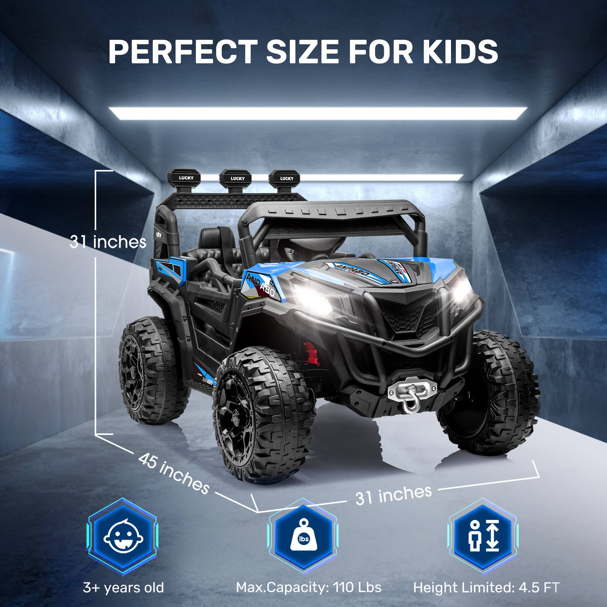 PERFECT SIZE FOR KIDS

31 inches
45 inches
31 inches

3+ years old
Max. Capacity: 110 Lbs
Height Limited: 4.5 FT