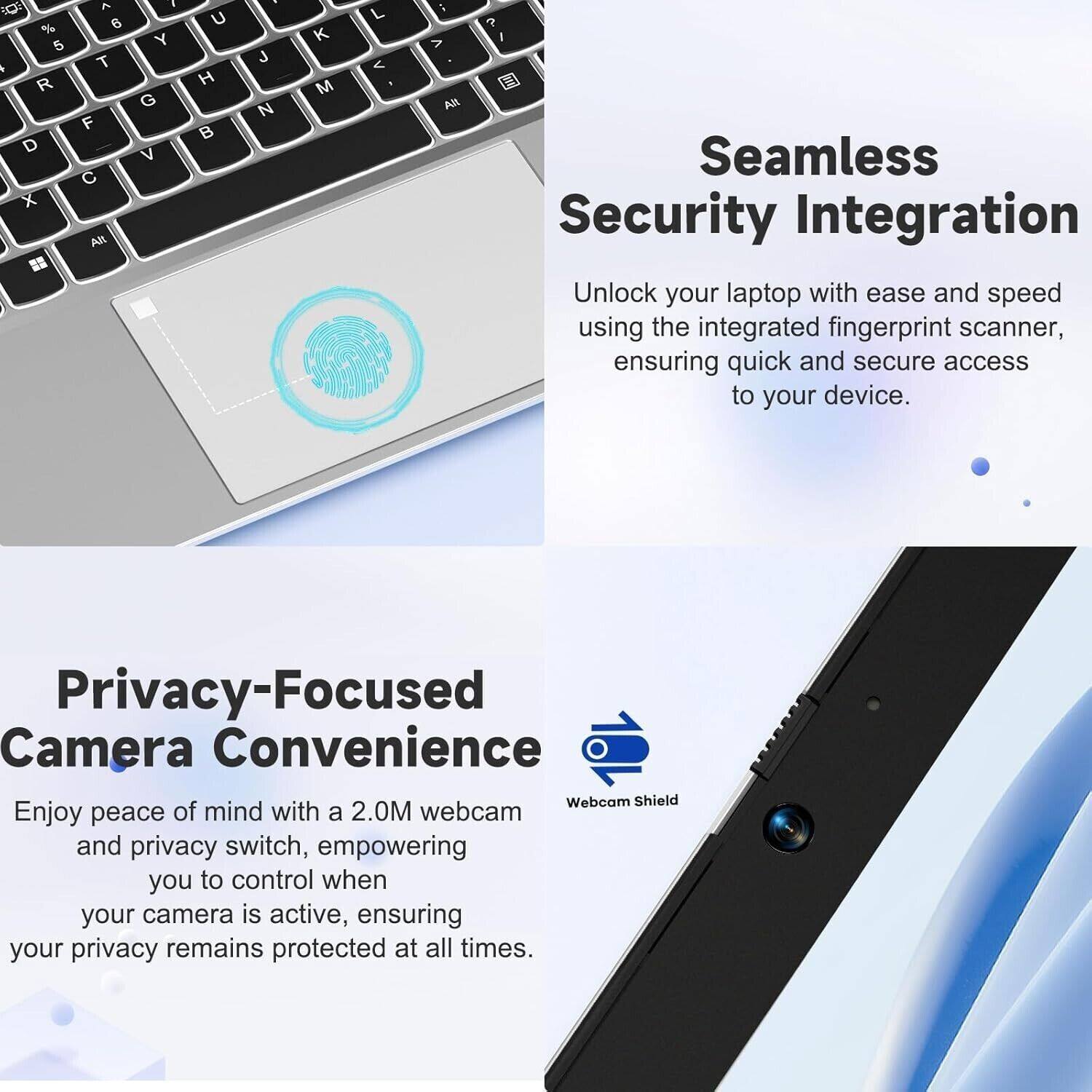 Seamless Security Integration  
Unlock your laptop with ease and speed using the integrated fingerprint scanner, ensuring quick and secure access to your device.

Privacy-Focused Camera Convenience  
Enjoy peace of mind with a 2.0M webcam and privacy switch, empowering you to control when your camera is active, ensuring your privacy remains protected at all times.