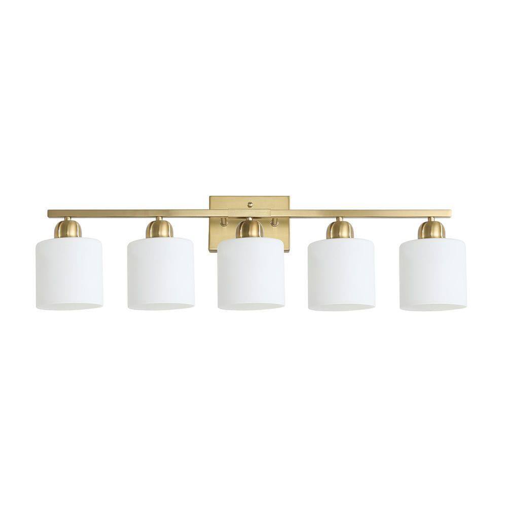 Left. Kadyn - Gold Bathroom Light Fixtures, 5-Light Modern Vanity Light, Wall Sconces with Milky White Frosted Glass Shades - Gold.