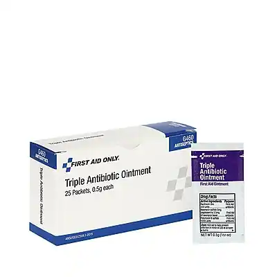 FIRST AID ONLY
Triple Antibiotic Ointment
25 Packets, 0.5g each
G460
ANTISEPTICS
Triple Antibiotic Ointment
First Aid Ointment
Only For External Use
Do Not Use If Packet Is Opened
Do Not Use If Discolored
NET WT 13.5g (0.5oz)