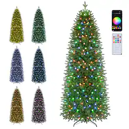 Costway - 7.5 FT Smart Pencil Christmas Tree with Remote & APP, 280 Pre-Lit RGB LED Lights - Green
