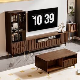 MSOOB - 3 Pieces Media Console Set, Mid-Century Modern Entertainment Center, TV Stand and Coffee Table with Glass Cabinet - Brown