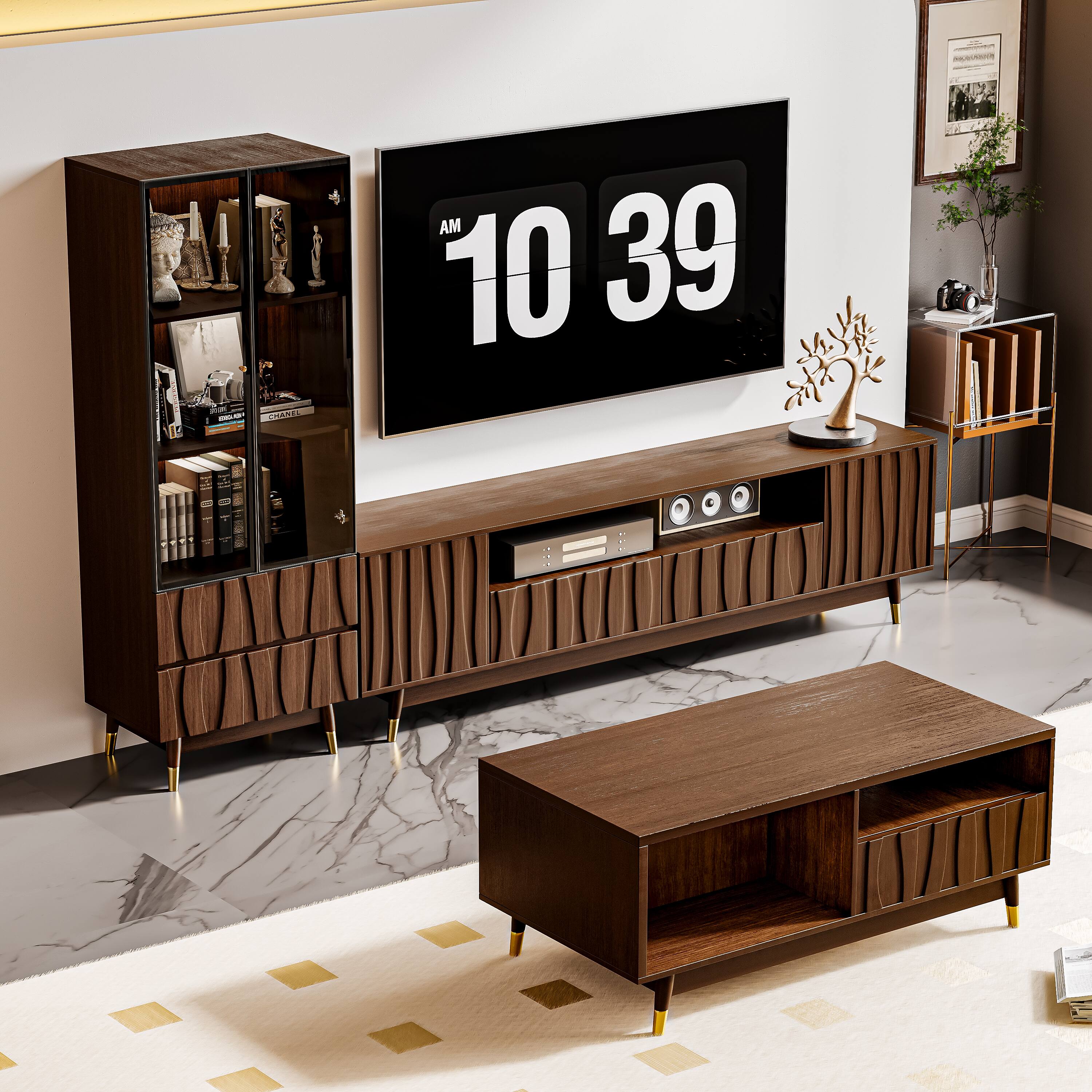 Front. MSOOB - 3 Pieces Media Console Set, Mid-Century Modern Entertainment Center, TV Stand and Coffee Table with Glass Cabinet - Brown.